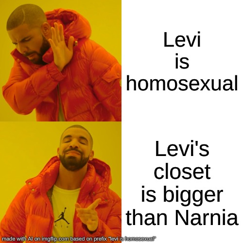 Drake Hotline Bling Meme | Levi is homosexual; Levi's closet is bigger than Narnia | image tagged in memes,drake hotline bling | made w/ Imgflip meme maker