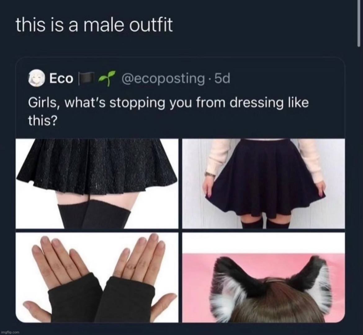 real talk why is the stereotypical femboy fit this. no woman dresses like this | made w/ Imgflip meme maker