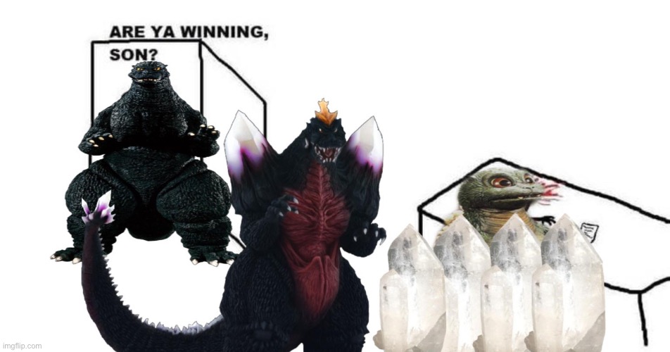 Godzilla vs SpaceGodziller in a nutshell (yes I spelt that on purpose) | image tagged in are ya winning son,godzilla,he dead | made w/ Imgflip meme maker