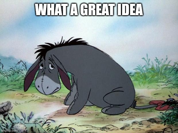 eeyore | WHAT A GREAT IDEA | image tagged in eeyore | made w/ Imgflip meme maker