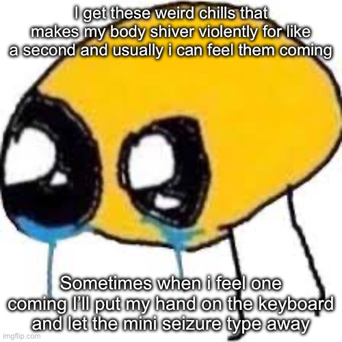 I get these weird chills that makes my body shiver violently for like a second and usually i can feel them coming; Sometimes when i feel one coming I’ll put my hand on the keyboard and let the mini seizure type away | made w/ Imgflip meme maker