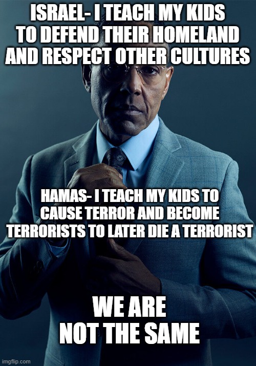 They are not the same. | ISRAEL- I TEACH MY KIDS TO DEFEND THEIR HOMELAND AND RESPECT OTHER CULTURES; HAMAS- I TEACH MY KIDS TO CAUSE TERROR AND BECOME TERRORISTS TO LATER DIE A TERRORIST; WE ARE NOT THE SAME | image tagged in gus fring we are not the same,israel,palestine,terrorists | made w/ Imgflip meme maker