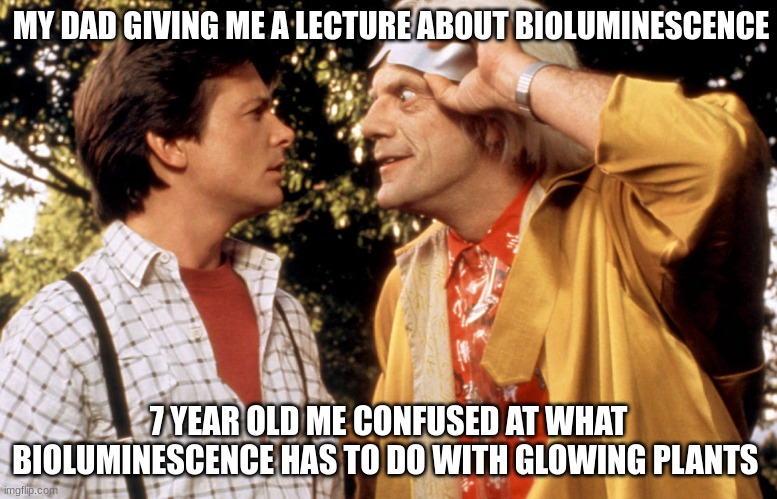 back to the future | MY DAD GIVING ME A LECTURE ABOUT BIOLUMINESCENCE; 7 YEAR OLD ME CONFUSED AT WHAT BIOLUMINESCENCE HAS TO DO WITH GLOWING PLANTS | image tagged in back to the future | made w/ Imgflip meme maker