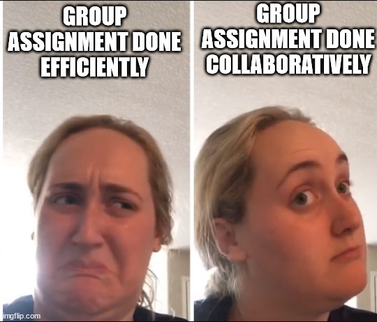 group assignments | GROUP ASSIGNMENT DONE COLLABORATIVELY; GROUP ASSIGNMENT DONE EFFICIENTLY | image tagged in kombucha girl | made w/ Imgflip meme maker
