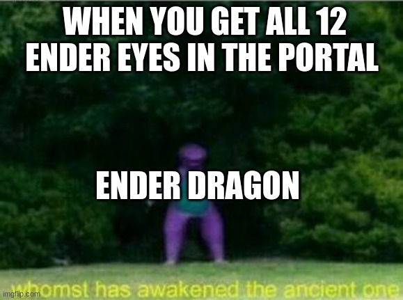 minecraft ender dragon | WHEN YOU GET ALL 12 ENDER EYES IN THE PORTAL; ENDER DRAGON | image tagged in whomst has awakened the ancient one | made w/ Imgflip meme maker