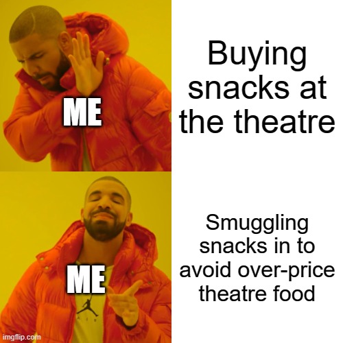 Theatre | Buying snacks at the theatre; ME; Smuggling snacks in to avoid over-price theatre food; ME | image tagged in memes,drake hotline bling | made w/ Imgflip meme maker