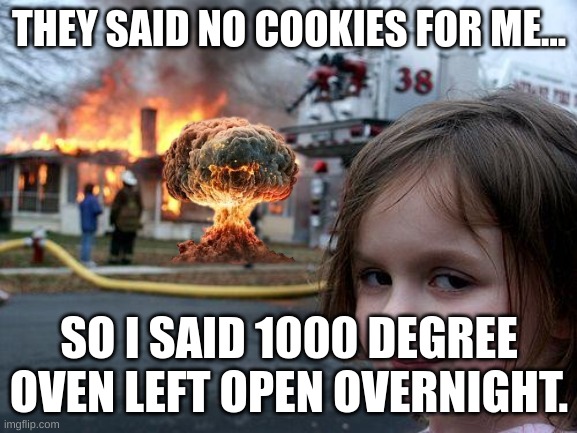 Disaster Girl | THEY SAID NO COOKIES FOR ME... SO I SAID 1000 DEGREE OVEN LEFT OPEN OVERNIGHT. | image tagged in memes,disaster girl | made w/ Imgflip meme maker