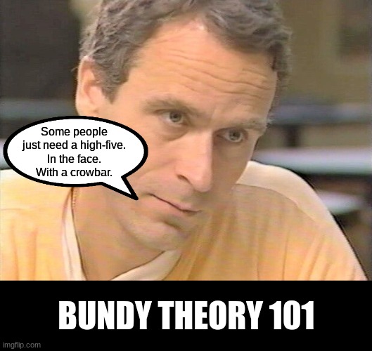 Bundy Logic... | Some people just need a high-five.
In the face.
With a crowbar. BUNDY THEORY 101 | image tagged in dark memes,dank memes,bundy funnies,ted bundy memes,true crime memes,fed up memes | made w/ Imgflip meme maker