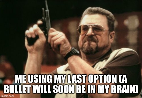 Finally | ME USING MY LAST OPTION (A BULLET WILL SOON BE IN MY BRAIN) | image tagged in memes,am i the only one around here | made w/ Imgflip meme maker