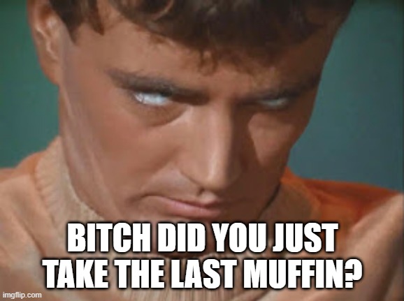 Don't Mess With Charlie X | BITCH DID YOU JUST TAKE THE LAST MUFFIN? | image tagged in star trek os charlie x eye roll | made w/ Imgflip meme maker