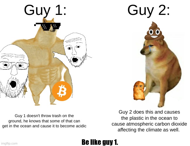 Buff doge | Guy 1:; Guy 2:; Guy 1 doesn't throw trash on the ground, he knows that some of that can get in the ocean and cause it to become acidic; Guy 2 does this and causes the plastic in the ocean to cause atmospheric carbon dioxide affecting the climate as well. Be like guy 1. | image tagged in memes,buff doge vs cheems | made w/ Imgflip meme maker