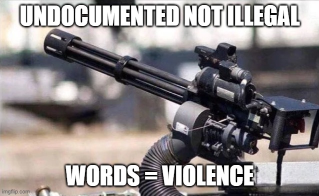 violent rhetoric | UNDOCUMENTED NOT ILLEGAL; WORDS = VIOLENCE | image tagged in violence,words that offend liberals,2nd amendment,second amendment,gun laws,right to bear arms | made w/ Imgflip meme maker
