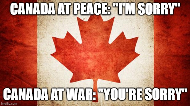 Canada History Meme | CANADA AT PEACE: ''I'M SORRY''; CANADA AT WAR: ''YOU'RE SORRY'' | image tagged in canada,history,memes,war,wars,country | made w/ Imgflip meme maker