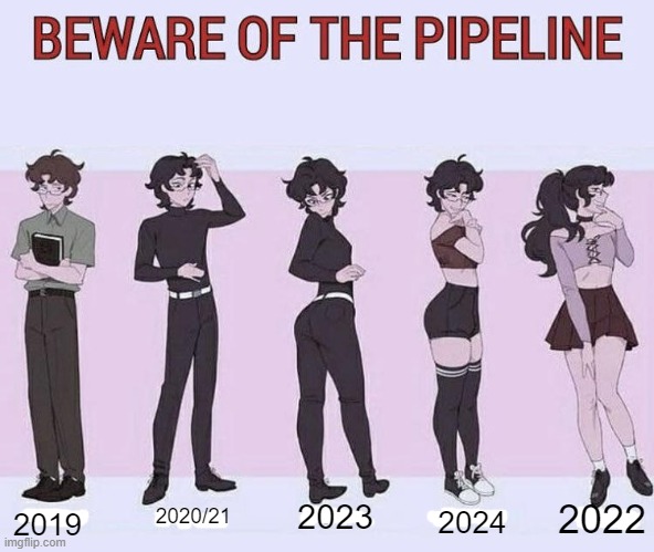 me timeline | 2024; 2023; 2022; 2020/21; 2019 | image tagged in beware of the pipeline | made w/ Imgflip meme maker