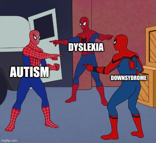 my mind | DYSLEXIA; AUTISM; DOWNSYDROME | image tagged in spider man triple | made w/ Imgflip meme maker