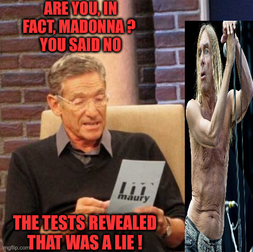 Iggy | ARE YOU, IN FACT, MADONNA ? 
YOU SAID NO; THE TESTS REVEALED THAT WAS A LIE ! | image tagged in memes,maury lie detector,funny memes,funny,dark humor | made w/ Imgflip meme maker