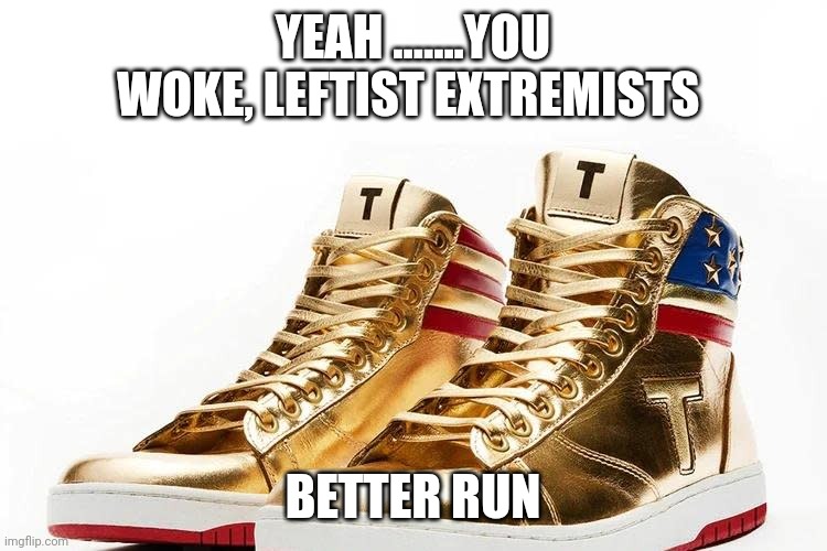 100 miles and runnin' | YEAH .......YOU WOKE, LEFTIST EXTREMISTS; BETTER RUN | image tagged in trump shoes | made w/ Imgflip meme maker
