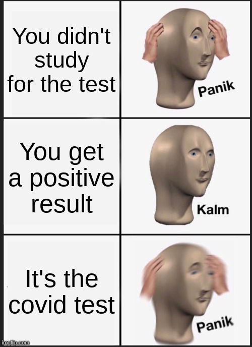 I don't have covid rn | You didn't study for the test; You get a positive result; It's the covid test | image tagged in memes,panik kalm panik | made w/ Imgflip meme maker