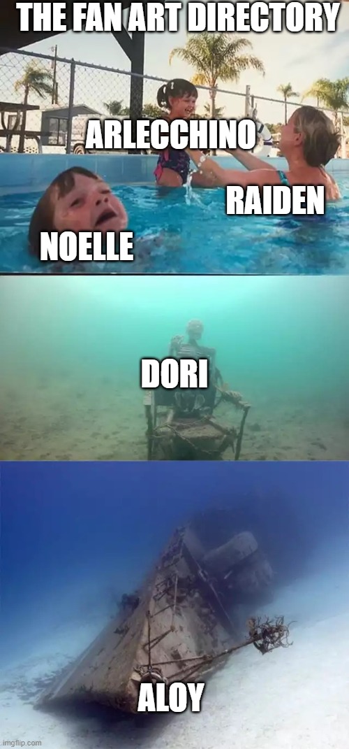 Kid drowning extended | THE FAN ART DIRECTORY; ARLECCHINO; RAIDEN; NOELLE; DORI; ALOY | image tagged in kid drowning extended | made w/ Imgflip meme maker