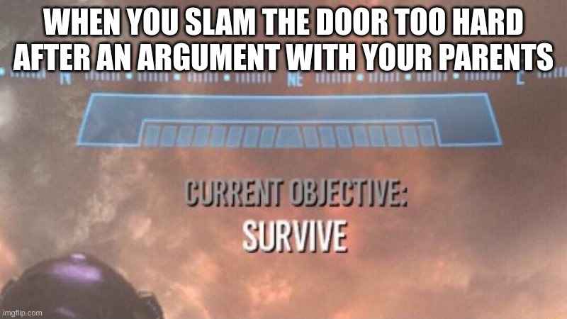 The "pleasant" nostalgia of childhood :] | WHEN YOU SLAM THE DOOR TOO HARD AFTER AN ARGUMENT WITH YOUR PARENTS | image tagged in current objective survive | made w/ Imgflip meme maker