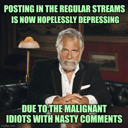 Imgflip Punks | POSTING IN THE REGULAR STREAMS; IS NOW HOPELESSLY DEPRESSING; DUE TO THE MALIGNANT IDIOTS WITH NASTY COMMENTS | image tagged in interesting man,the most interesting man in the world,idiots,malignant narcissism,meanwhile on imgflip,destruction | made w/ Imgflip meme maker