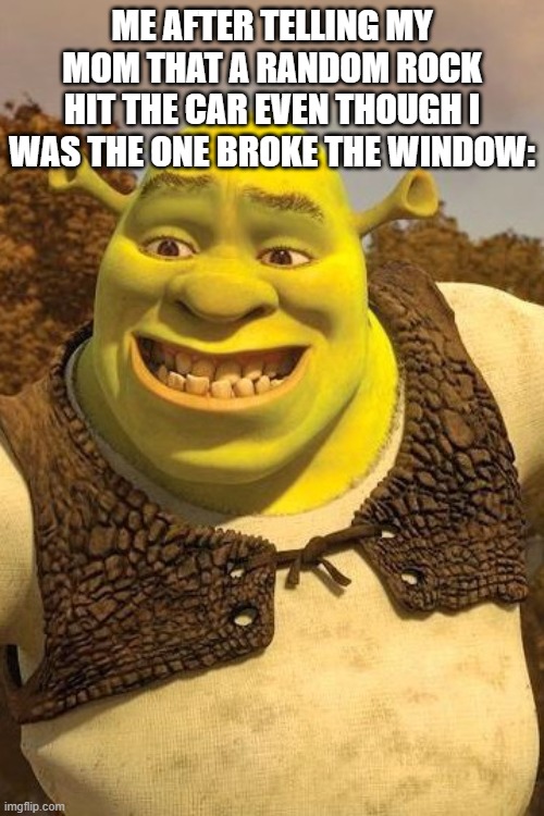 the perfect crime. | ME AFTER TELLING MY MOM THAT A RANDOM ROCK HIT THE CAR EVEN THOUGH I WAS THE ONE BROKE THE WINDOW: | image tagged in smiling shrek | made w/ Imgflip meme maker