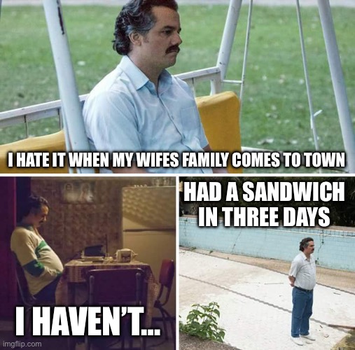 Inlaws from out of state | I HATE IT WHEN MY WIFES FAMILY COMES TO TOWN; HAD A SANDWICH IN THREE DAYS; I HAVEN’T… | image tagged in memes,sad pablo escobar,make me a sandwich,married with children | made w/ Imgflip meme maker