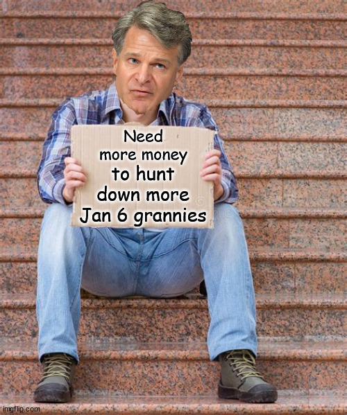 Deep State Wray Crying for more money | Need more money; to hunt down more Jan 6 grannies | image tagged in wray,political prisoners,lock up granny | made w/ Imgflip meme maker