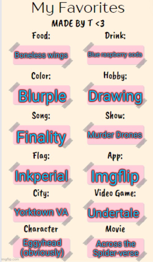 I got this idea from the X name sound alike post | Blue raspberry soda; Boneless wings; Drawing; Blurple; Finality; Murder Drones; Inkperial; Imgflip; Yorktown VA; Undertale; Eggyhead (obviously); Across the Spider-verse | image tagged in my favorites made by t | made w/ Imgflip meme maker