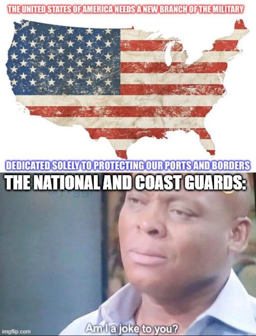 Guards | THE NATIONAL AND COAST GUARDS: | image tagged in am i a joke to you | made w/ Imgflip meme maker