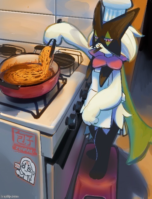 Artist is lost to time. | image tagged in meowscarada cooking pasta | made w/ Imgflip meme maker