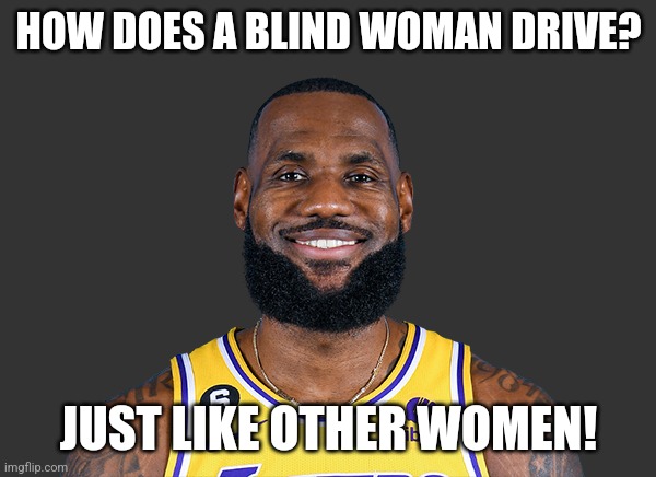 Lebron James | HOW DOES A BLIND WOMAN DRIVE? JUST LIKE OTHER WOMEN! | image tagged in lebron james | made w/ Imgflip meme maker
