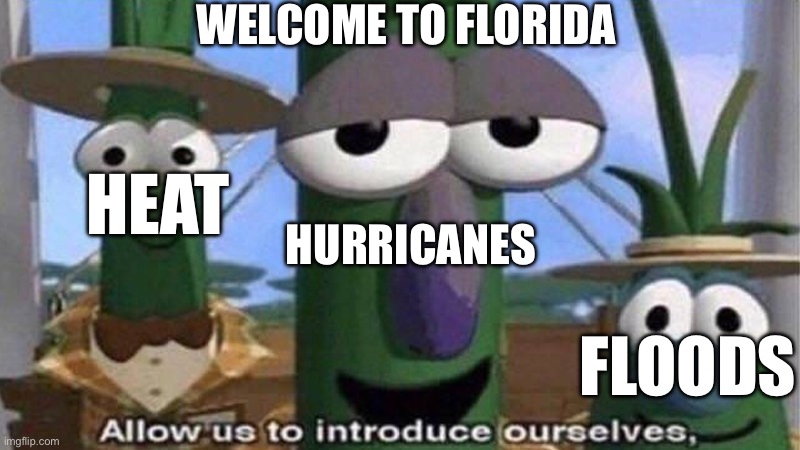 Only in Florida | WELCOME TO FLORIDA; HURRICANES; HEAT; FLOODS | image tagged in veggietales 'allow us to introduce ourselfs' | made w/ Imgflip meme maker