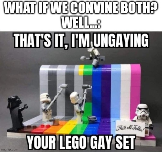 Thats it, Im ungaying your lego gay set | WHAT IF WE CONVINE BOTH?
WELL...: | image tagged in thats it im ungaying your lego gay set | made w/ Imgflip meme maker