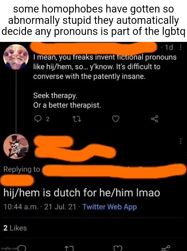 And yes, hij/hem is in fact dutch | some homophobes have gotten so abnormally stupid they automatically decide any pronouns is part of the lgbtq | made w/ Imgflip meme maker