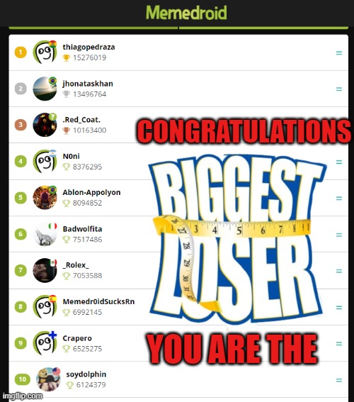 memedroiders | CONGRATULATIONS; YOU ARE THE | image tagged in memedroid,loser,losers,biggest loser,top 10,waste of time | made w/ Imgflip meme maker
