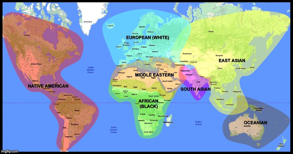 The Ultimate Race Map - This map details the geographical origins of the seven races of the world. | image tagged in the ultimate race map hd,race,ethnicity,white,black,european | made w/ Imgflip meme maker