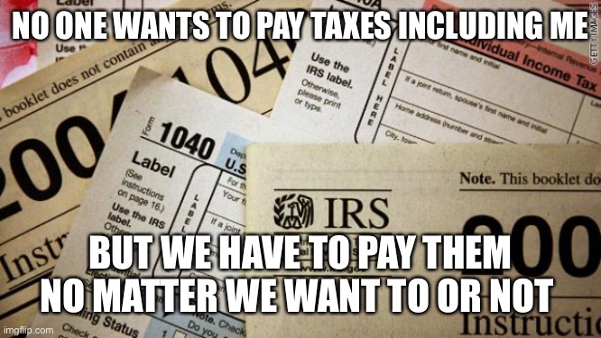 Taxes | NO ONE WANTS TO PAY TAXES INCLUDING ME; BUT WE HAVE TO PAY THEM NO MATTER WE WANT TO OR NOT | image tagged in taxes | made w/ Imgflip meme maker