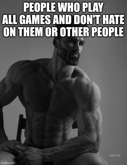 Giga Chad | PEOPLE WHO PLAY ALL GAMES AND DON'T HATE ON THEM OR OTHER PEOPLE | image tagged in giga chad | made w/ Imgflip meme maker