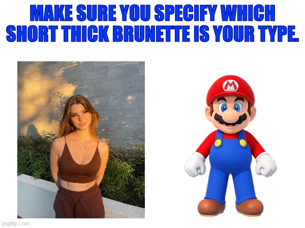 Mario is a short thicc brunette | MAKE SURE YOU SPECIFY WHICH SHORT THICK BRUNETTE IS YOUR TYPE. | image tagged in thicc,mario | made w/ Imgflip meme maker