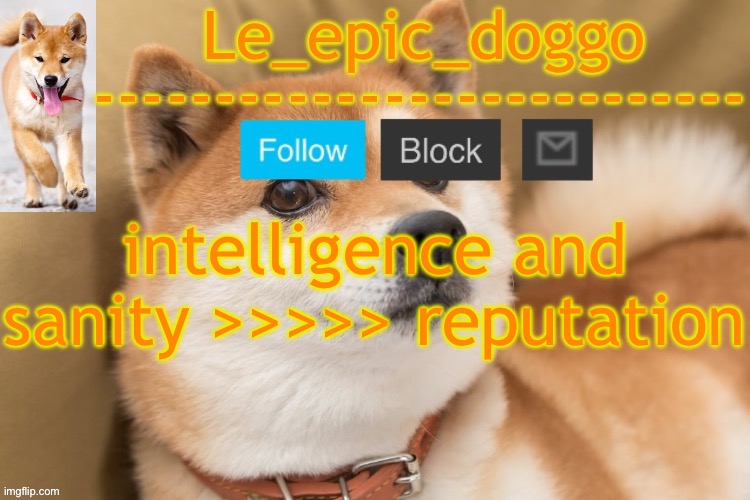 epic doggo's temp back in old fashion | intelligence and sanity >>>>> reputation | image tagged in epic doggo's temp back in old fashion | made w/ Imgflip meme maker