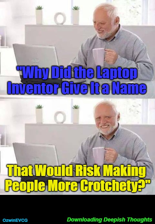 Downloading Deepish Thoughts | "Why Did the Laptop  

Inventor Give It a Name; That Would Risk Making 

People More Crotchety?"; Downloading Deepish Thoughts; OzwinEVCG | image tagged in silly,awkward,questions,harold,computers,invention | made w/ Imgflip meme maker