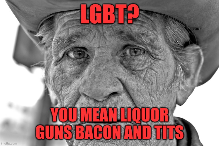 Cowboy | LGBT? YOU MEAN LIQUOR GUNS BACON AND TITS | image tagged in old cowboy,fun | made w/ Imgflip meme maker