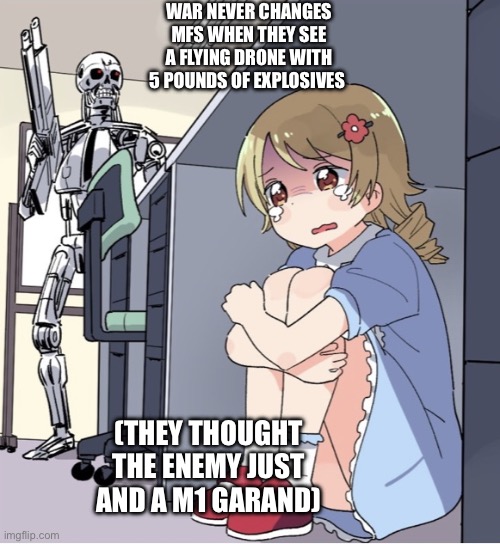 Anime Girl Hiding from Terminator | WAR NEVER CHANGES MFS WHEN THEY SEE A FLYING DRONE WITH 5 POUNDS OF EXPLOSIVES (THEY THOUGHT THE ENEMY JUST AND A M1 GARAND) | image tagged in anime girl hiding from terminator | made w/ Imgflip meme maker