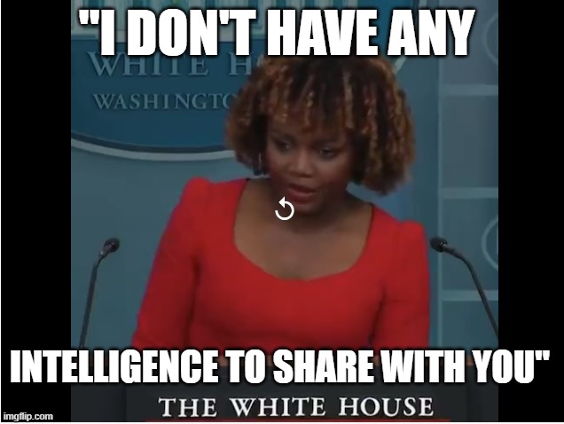 That is a quote from the white house podium! | "I DON'T HAVE ANY; INTELLIGENCE TO SHARE WITH YOU" | image tagged in press secretary,fjb,joe biden,biden,intelligence,wow | made w/ Imgflip meme maker