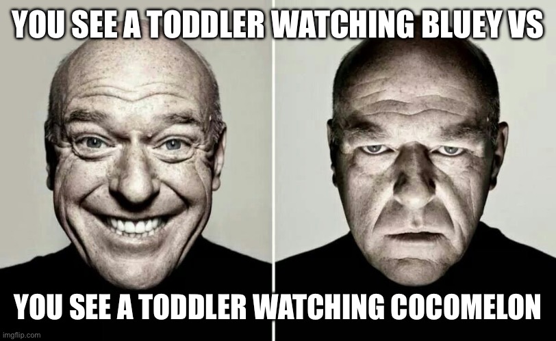 Toddlers Watching Bluey VS Watching Cocomelon | YOU SEE A TODDLER WATCHING BLUEY VS; YOU SEE A TODDLER WATCHING COCOMELON | image tagged in happy guy vs angry guy | made w/ Imgflip meme maker