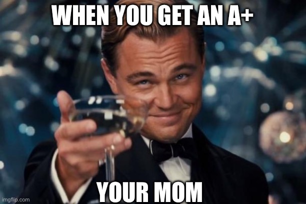 Leonardo Dicaprio | WHEN YOU GET AN A+; YOUR MOM | image tagged in memes,leonardo dicaprio cheers | made w/ Imgflip meme maker