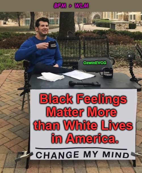 BFM > WLM [NV] | BFM > WLM; OzwinEVCG; Black Feelings 

Matter More  

than White Lives 

in America. | image tagged in war on whites,change my mind,white lives matter,double standard,black lives matter,antiwhite house | made w/ Imgflip meme maker