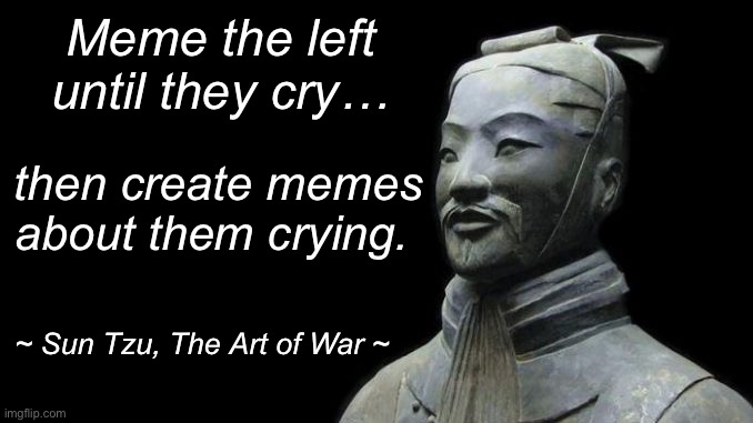 Seems legit | Meme the left until they cry…; then create memes about them crying. ~ Sun Tzu, The Art of War ~ | image tagged in sun tzu,looney left,libtards | made w/ Imgflip meme maker