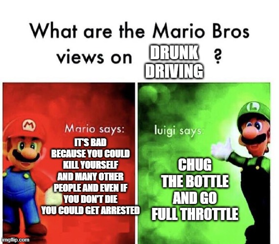 Conclusion: Luigi is not a chauffer | DRUNK DRIVING; IT'S BAD BECAUSE YOU COULD KILL YOURSELF AND MANY OTHER PEOPLE AND EVEN IF YOU DON'T DIE YOU COULD GET ARRESTED; CHUG THE BOTTLE AND GO FULL THROTTLE | image tagged in mario bros views,drunk | made w/ Imgflip meme maker